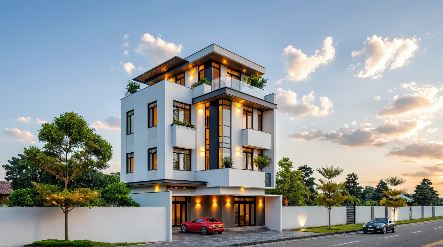 Masterpiece, high quality, best quality, authentic, super detail, outdoors, onestoreyvillaXL, aiaigroup, house style modern on the street ,stairs, white wall ,road,pavement, grass, trees, sky, cloud, (daylight:1.1)
