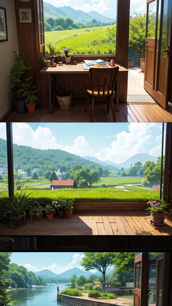 (Micro Landscape:1.5),(best quality), ((On the table)), (high resolution), illustration, The original, Very detailed wallpaper, unmanned, window, landscape, plant, water, Potted plants, OutDoors, architecture, Door ,They want,flowerpot,During the day,Lotus,a chair,Floral scent,a table,stairs,有water印,The tree,Sunlight,pond,grassland,bushing,sky sky,railing,Study Table,打开window,shelf,leaf,ladder,architecture,trace,vine,vase,City,lanthanum,bucket,burst,bench,mossy,Small boat,bucket, river,
