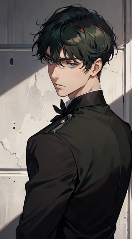 ((a young man in a black suit and tie)), taken in the early 2020s, gotham, alejandro, he looks very sophisticated, (((left side swept bang black short hair))), (dark green eyes and thick eyebrows), smirk. ((20 years old)), ((Black suite and black tie)), masterpiece, posture dynamic, one person,