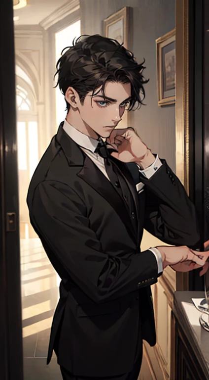 ((a young man in a black suit and tie)), taken in the early 2020s, gotham, alejandro, he looks very sophisticated, (((left side swept bang black short hair))), (dark green eyes and thick eyebrows), smirk. ((20 years old)), ((Black suite and black tie)), masterpiece, posture dynamic, one person,