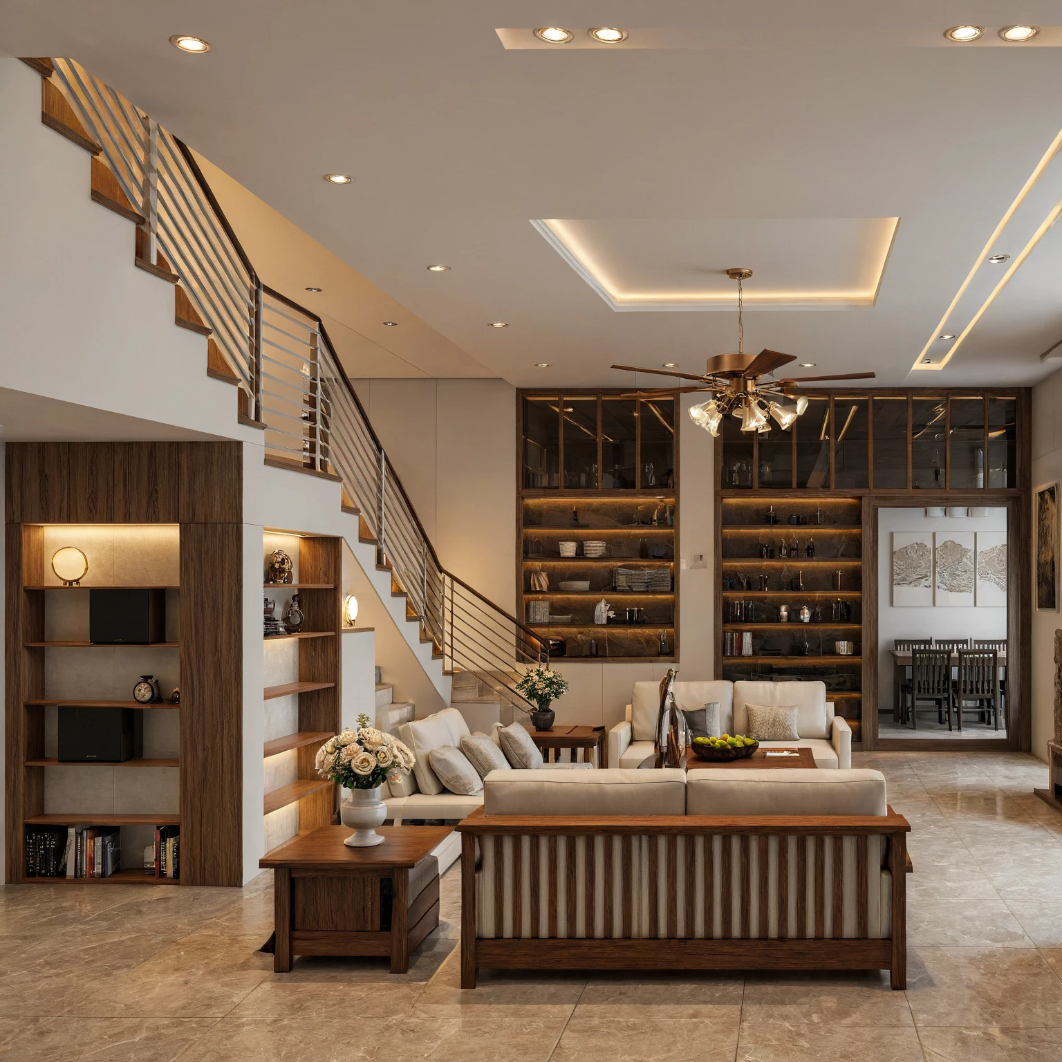 Raw photo,Masterpiece, high quality, best quality, authentic, super detail, interior, indoors, dinning room, kitchen room, style Indochine modern, minimalist line, aiaigroup , wooden, walnut veneer wood, led light, white paint wall, sofa, BED RooM