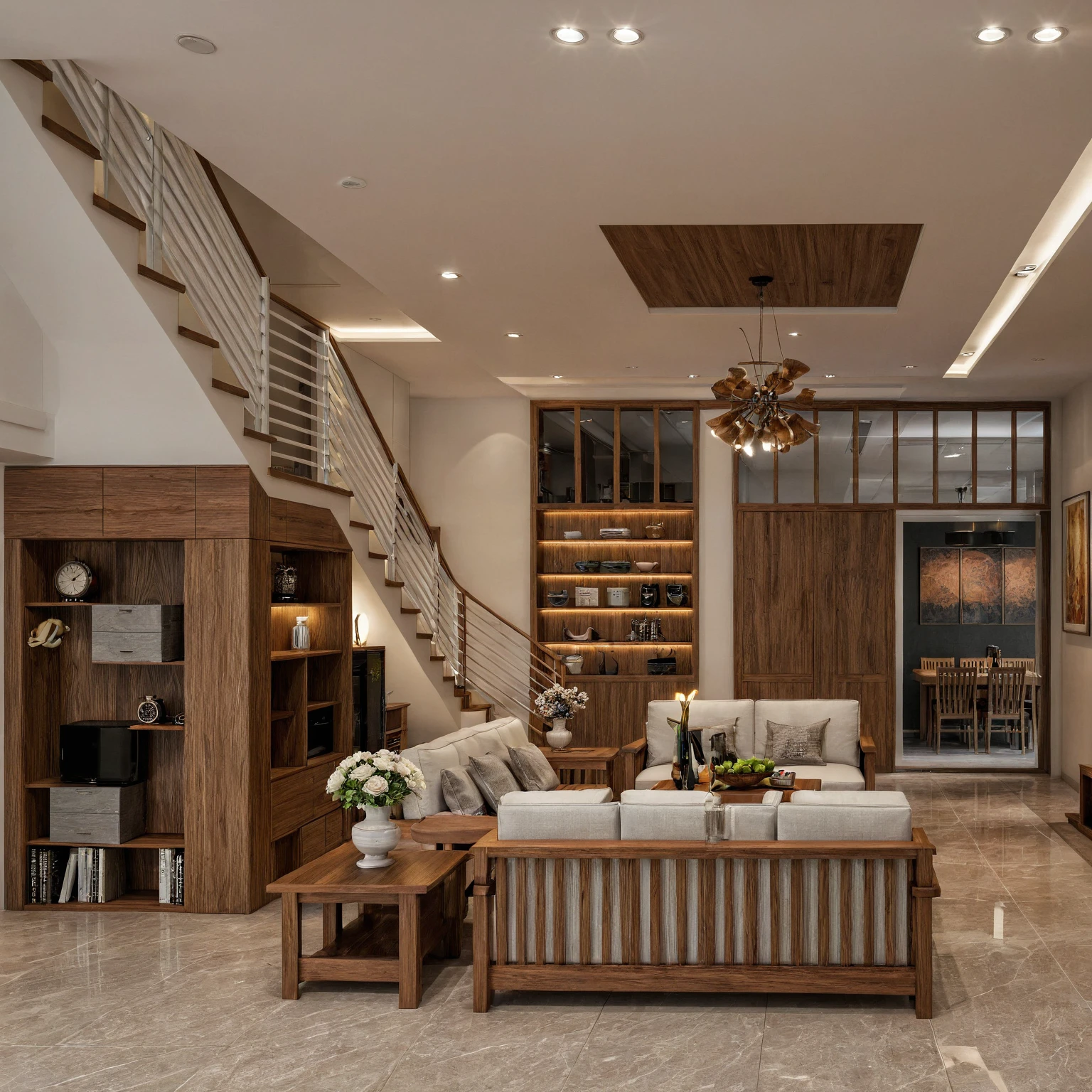 Raw photo,Masterpiece, high quality, best quality, authentic, super detail, interior, indoors, dinning room, kitchen room, style Indochine modern, minimalist line, aiaigroup , wooden, walnut veneer wood, led light, white paint wall, sofa, BED RooM