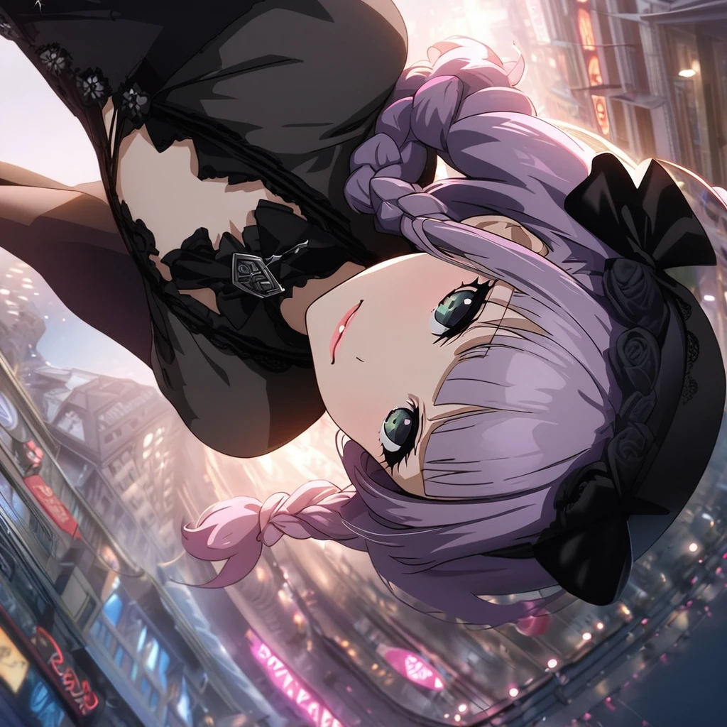 a masterpiece, beautiful eyes, a beautiful face, beautiful depiction, details, solid blue Skyscrapers background, ultra detailed, 8K, (Cute a girl:1.5), (masterpiece:1.3), anime visual, (Black gothic lolita outfit, black boots, black parasol, sideways, look at viewer, Takeshita Street, morning lit,:1.3 ), (Lovey-dovey:1.5), (tilt head:1.3), extremely delicate face, soft clean focus, realistic lighting and shading, (an extremely delicate and beautiful art:1.3), elegant, (muted colors:1.1),(one girl with closs hair pin,pale purple hair,wavy two braids,blunt bangs hair,green and black eyes.pink lips:1.4), small breast,slim,smile,Slender,morning lit,Glasses,
(masterpiece:1.3), anime visual, small breast,slim,The Moulin Rouge in Paris, mysterious pink light, a slightly dark room,look at viewer,smiling, full body shot, A starry sky, a gentle smile, 