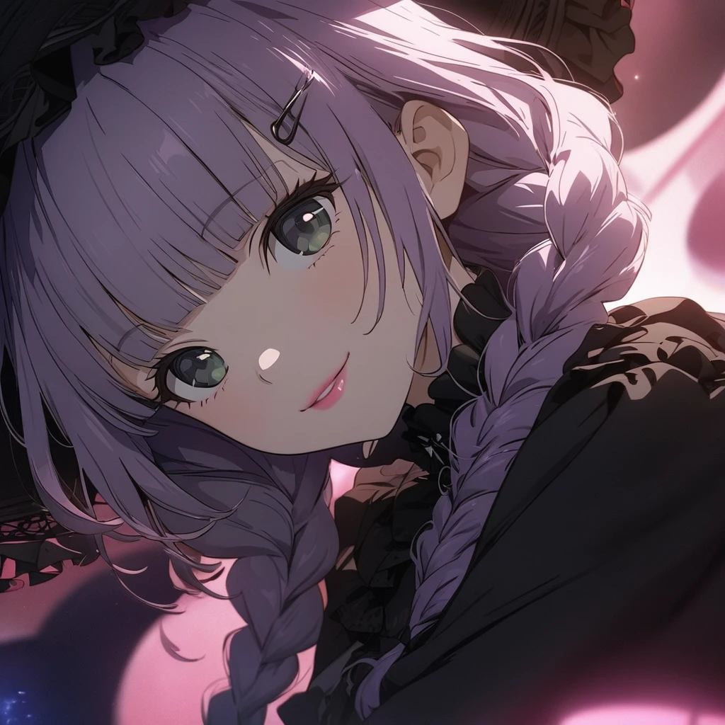 a masterpiece, beautiful eyes, a beautiful face, beautiful depiction, details, solid blue Skyscrapers background, ultra detailed, 8K, (Cute a girl:1.5), (masterpiece:1.3), anime visual, (Black gothic lolita outfit, black boots, black parasol, sideways, look at viewer, Takeshita Street, morning lit,:1.3 ), (Lovey-dovey:1.5), (tilt head:1.3), extremely delicate face, soft clean focus, realistic lighting and shading, (an extremely delicate and beautiful art:1.3), elegant, (muted colors:1.1),(one girl with closs hair pin,pale purple hair,wavy two braids,blunt bangs hair,green and black eyes.pink lips:1.4), small breast,slim,smile,Slender,morning lit,Glasses,
(masterpiece:1.3), anime visual, small breast,slim,The Moulin Rouge in Paris, mysterious pink light, a slightly dark room,look at viewer,smiling, full body shot, A starry sky, a gentle smile, 