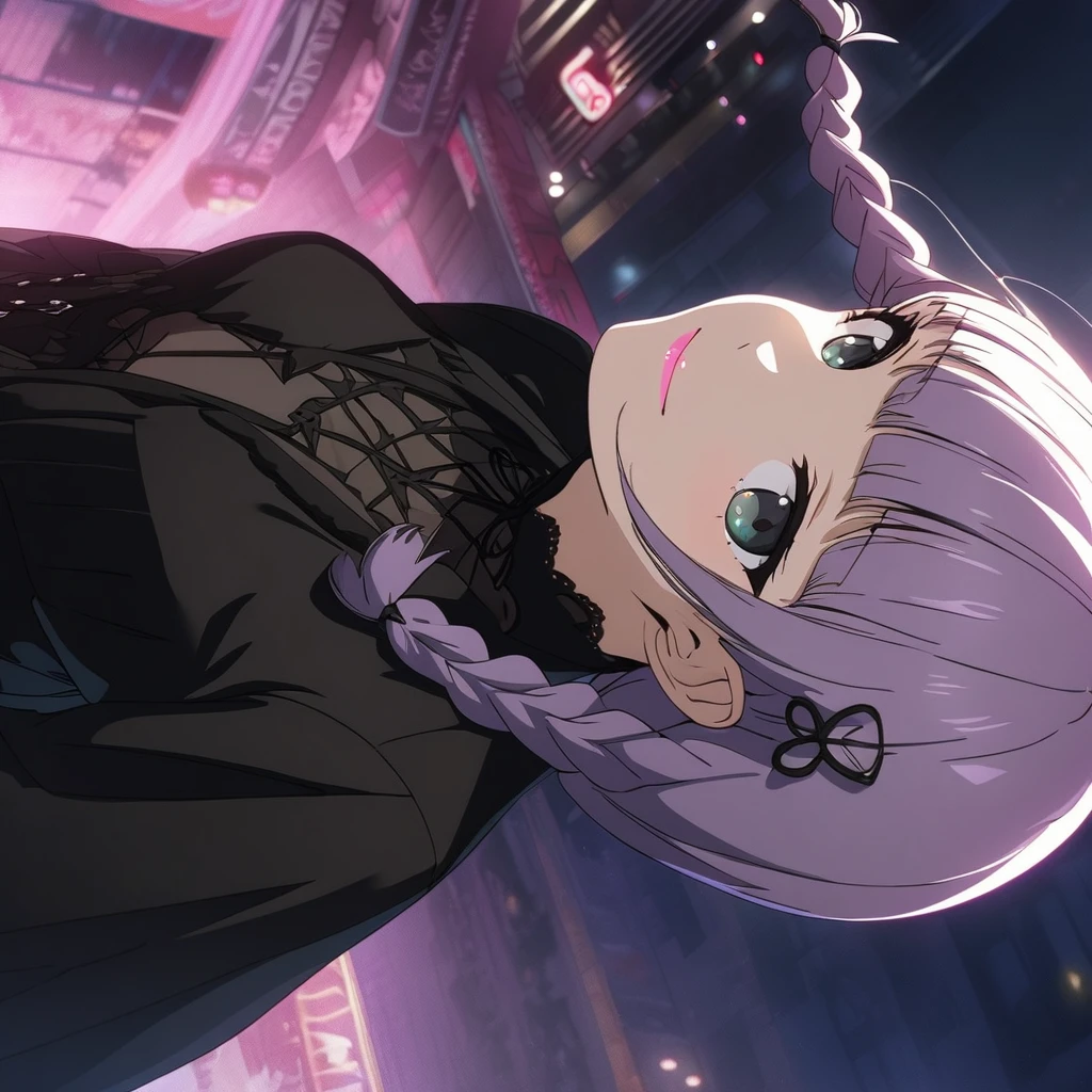 a masterpiece, beautiful eyes, a beautiful face, beautiful depiction, details, solid blue Skyscrapers background, ultra detailed, 8K, (Cute a girl:1.5), (masterpiece:1.3), anime visual, (Black gothic lolita outfit, black boots, black parasol, sideways, look at viewer, Takeshita Street, morning lit,:1.3 ), (Lovey-dovey:1.5), (tilt head:1.3), extremely delicate face, soft clean focus, realistic lighting and shading, (an extremely delicate and beautiful art:1.3), elegant, (muted colors:1.1),(one girl with closs hair pin,pale purple hair,wavy two braids,blunt bangs hair,green and black eyes.pink lips:1.4), small breast,slim,smile,Slender,morning lit,Glasses,
(masterpiece:1.3), anime visual, small breast,slim,The Moulin Rouge in Paris, mysterious pink light, a slightly dark room,look at viewer,smiling, full body shot, A starry sky, a gentle smile, 