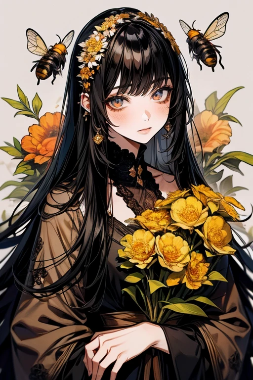 girl with long black hair and brown eyes, cute, charismatic, floral dress with bees , jasmine flowers, portrait