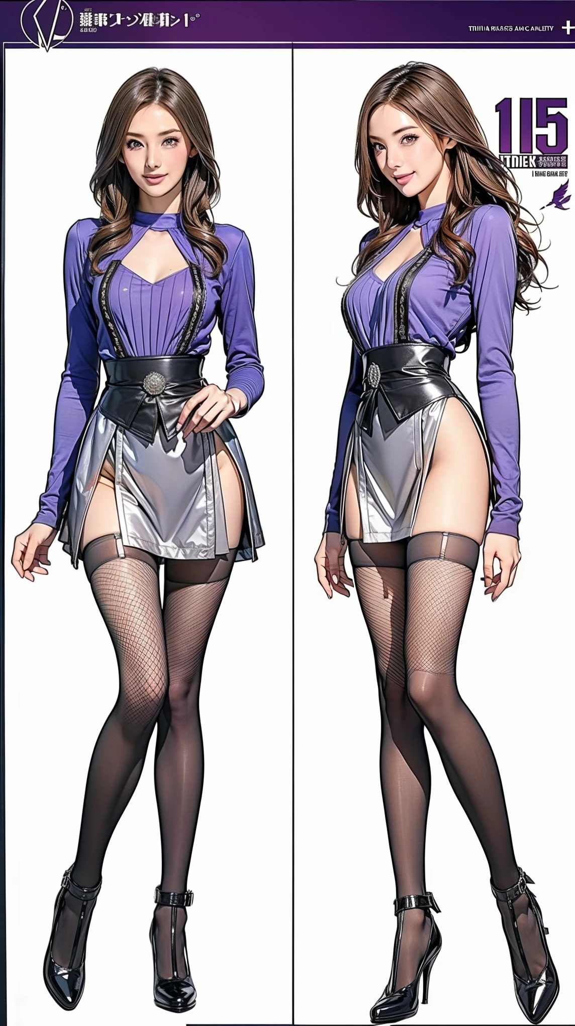 ((masterpiece)),(((Highest quality))),((Character design sheet)),Thin thighs,Long legs,wearing black fishnet tights:1.5,The best smile:1.5,Full Body Shot:1.5,masterpiece, Highest quality, One Girl, Elaina_(May_no_gossip), Silver Hair, Purple eyes, Long Hair,