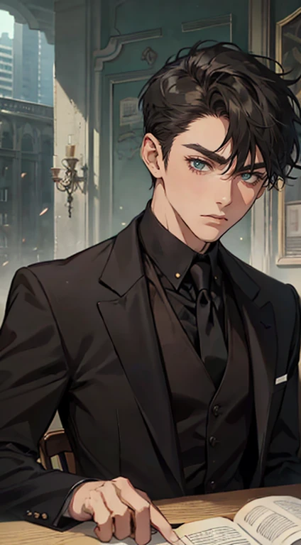 ((a young man in a black suit and tie)), taken in the early 2020s, gotham, alejandro, he looks very sophisticated, (((left side swept bang black short hair))), (dark green eyes and thick eyebrows), smirk. ((20 years old)), ((Black suite and black tie)), masterpiece, posture dynamic, one person,