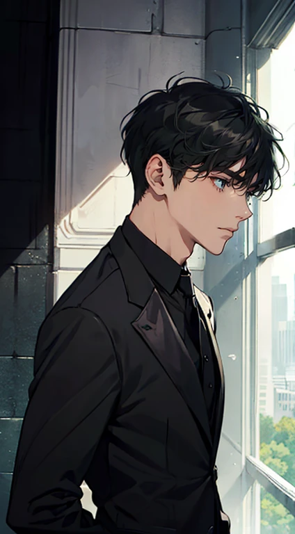 ((a young man in a black suit and tie)), taken in the early 2020s, gotham, alejandro, he looks very sophisticated, (((left side swept bang black short hair))), (dark green eyes and thick eyebrows), smirk. ((20 years old)), ((Black suite and black tie)), masterpiece, posture dynamic, one person,