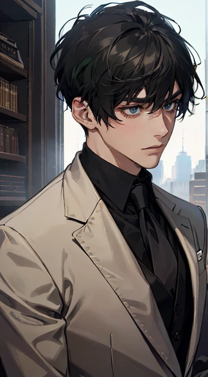 ((a young man in a black suit and tie)), taken in the early 2020s, gotham, alejandro, he looks very sophisticated, (((left side swept bang black short hair))), (dark green eyes and thick eyebrows), smirk. ((20 years old)), ((Black suite and black tie)), masterpiece, posture dynamic, one person,