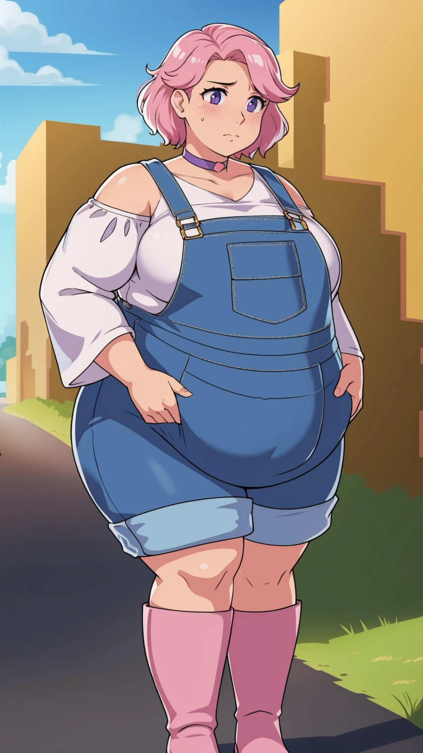 (From below POV)(Pale skin:1.0)Up close, Holding belly, hands on belly, outgrown clothes, (Sad:1.1), (Sad face:1.1)Pale skin, (Obese:1.1),fat, Slightly chubby, sad, farm backround,, looking at viewer, 1girl, solo, short pink hair, (dark blue choker), (dark blue denim overalls), (purple eyes), (pink boots), (white shoulder lantern sleeve blouse