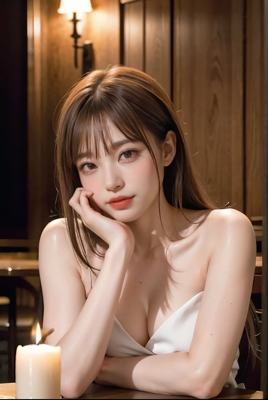 The man, looking around nervously, meets the woman at a dimly lit, romantic restaurant. They sit close together, their hands almost touching across the table, sharing an intimate moment in the soft glow of candlelight