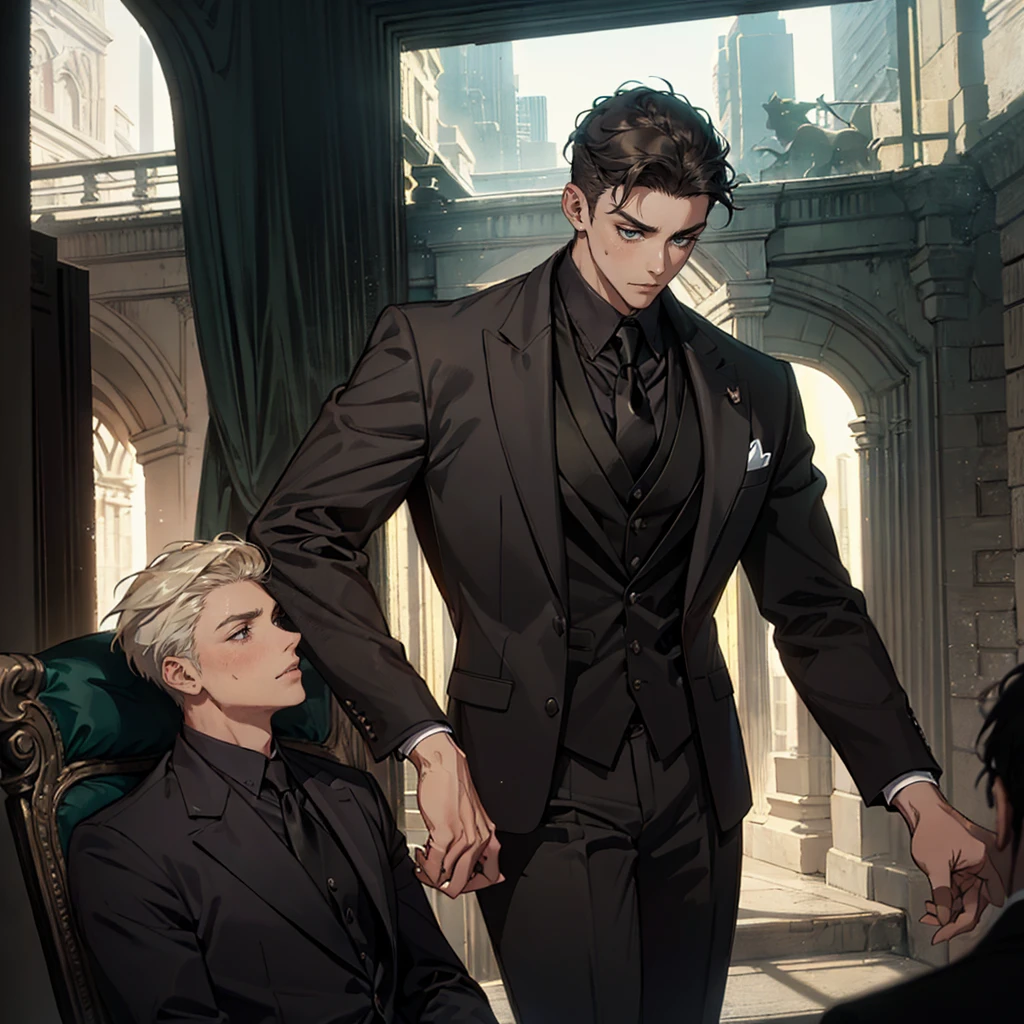 ((One young man with a black suit and tie)), gotham, alejandro, (((side swept dark short hair))), (dark green eyes and thick eyebrows), smirk, ((20 years old)), ((masterpiece)), posture dynamic, ((cinematic lighting)), (height tall around 5'6)