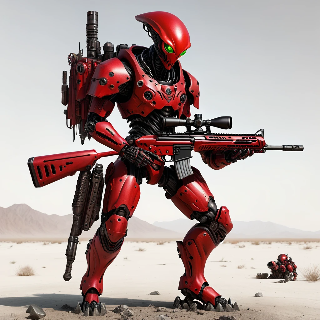 An Red Alien with a Fallout Ghoul face and a Robotic red Armor with black details, Holding a Sniper Rifle, realistic, white background, full body