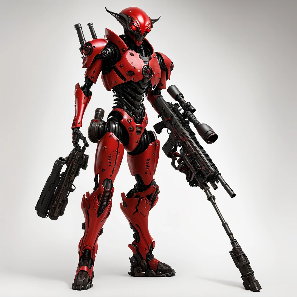 An Red Alien with a Fallout Ghoul face and a Robotic red Armor with black details, Holding a Sniper Rifle, realistic, white background, full body