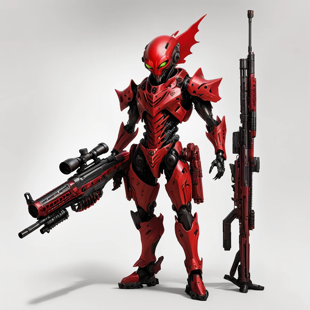 An Red Alien with a Fallout Ghoul face and a Robotic red Armor with black details, Holding a Sniper Rifle, realistic, white background, full body