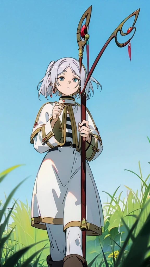Hold your walking stick、Frielen、Upper Body、Magical chanting、blue sky、grassland。