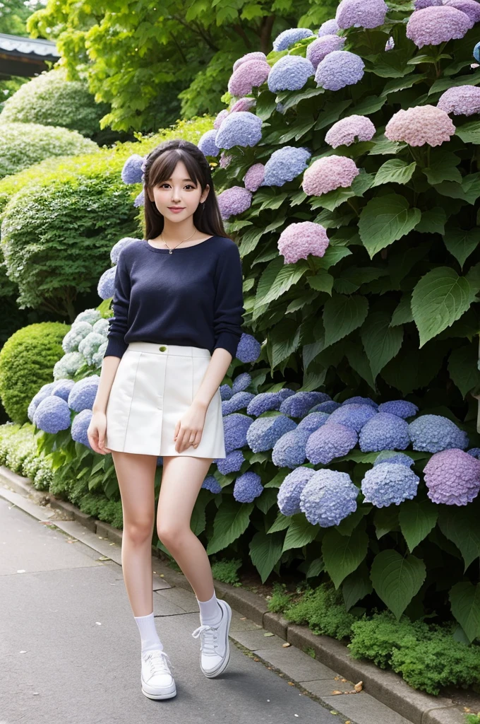 A 21-year-old girl wearing a miniskirt、In the hydrangea park。