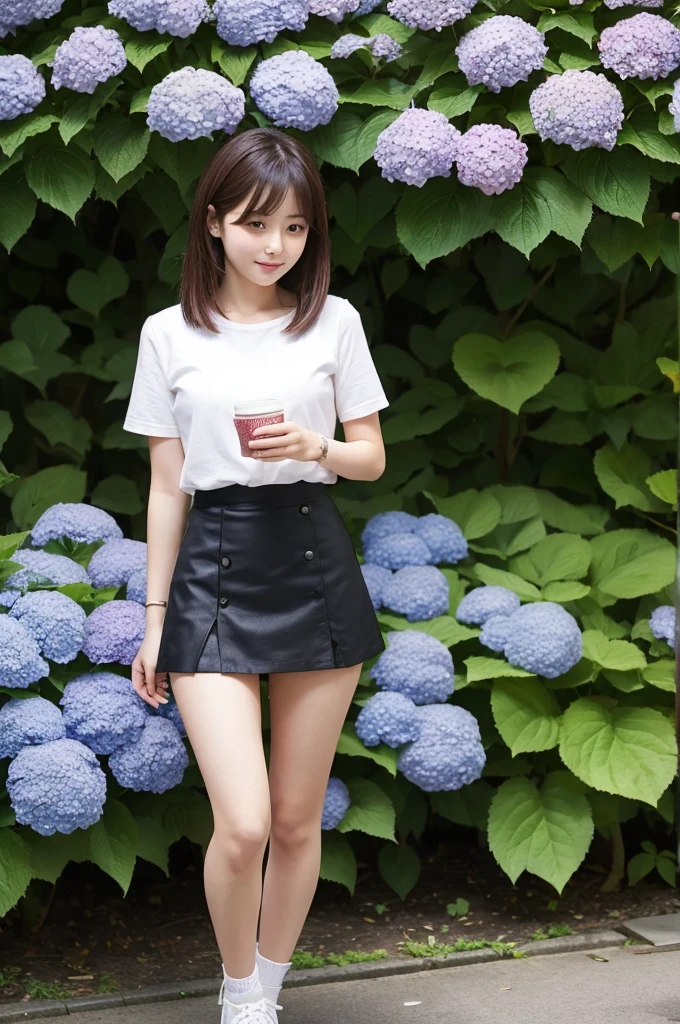 A 21-year-old girl wearing a miniskirt、In the hydrangea park。