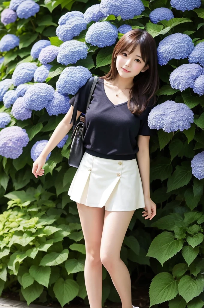 A 21-year-old girl wearing a miniskirt、In the hydrangea park。