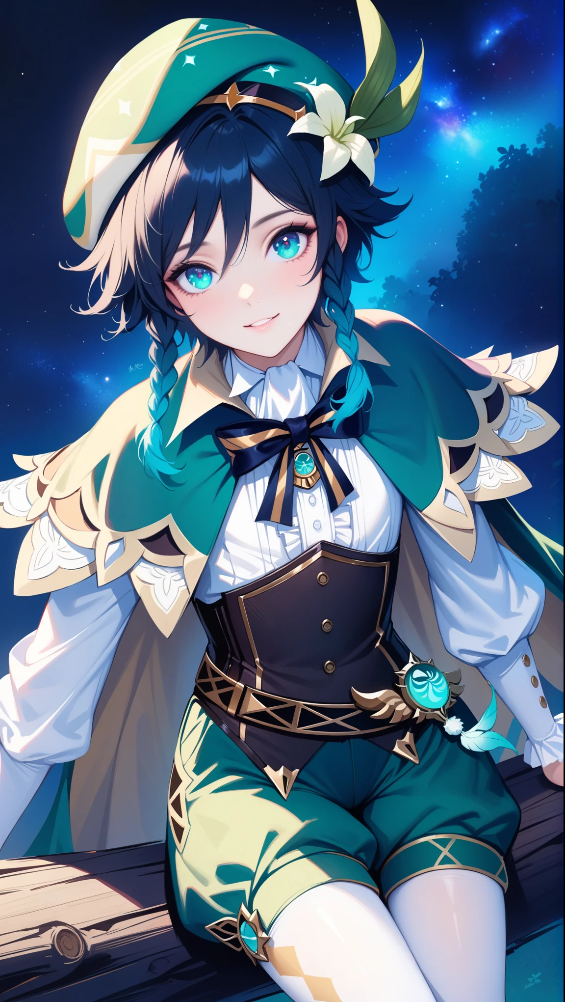 (best quality,4k,8k,highres,masterpiece:1.2),1boy,venti_\(genshin_impact\),sitting in tree,(face focus,detailed face and clear eyes),flat chest,realistic:.5,night time,ladyshadow,bluegreen eyes,mysterious smile,green cape,white long sleeved shirt,leather corset,(puffy green shorts),(plain white tights),green hat, dark night scene, starry sky with nebula,dark,low light,deep blue lighting,trending on artstation