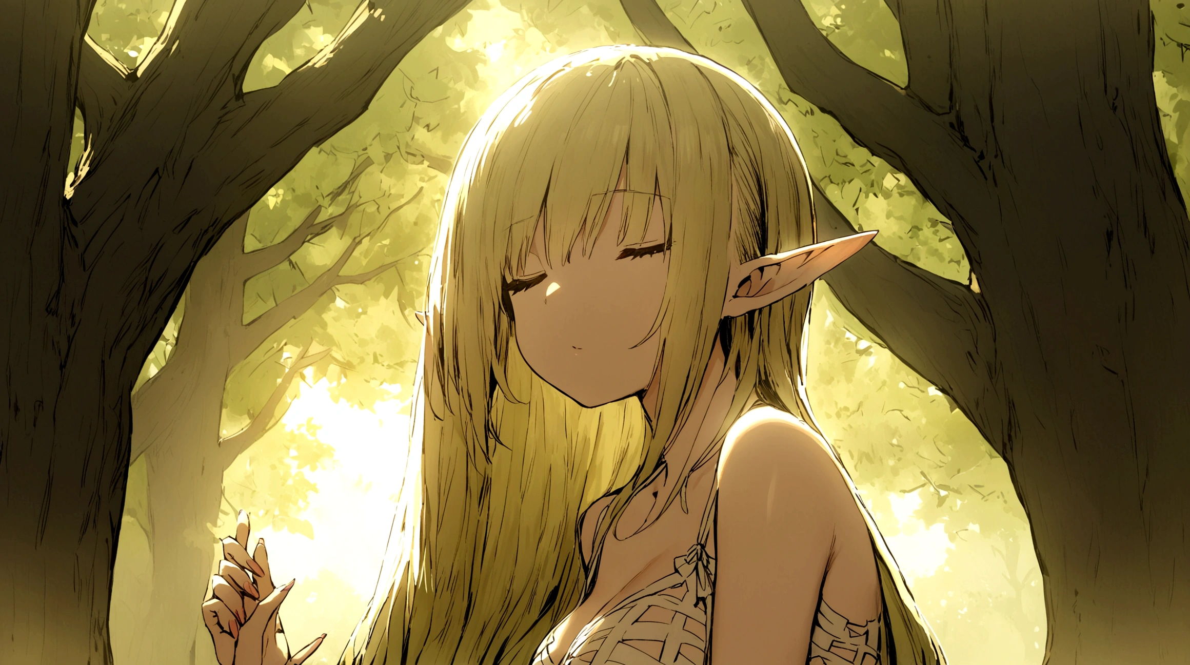 flat chest, , nude, outside, pointy ears, hat, masterpiece, best quality, blonde hair, bending over