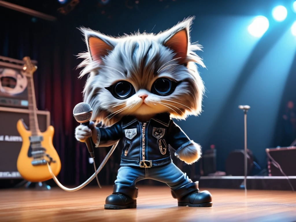 Cute anthropomorphic kitten fluffy cartoon with very long hair black with bangs, singing with microphone in hand (black sunglasses with oval lenses) by Joey Ramone digital painting 3d cosplay Ramones pants jeans, All Star shoes in the background concert stage with several lights blue, isometric view, Cinematic, Hyperrealistic, Backlit, Extremely low angle, Highly detailed, scaled down, Unrealistic rendering, 16K