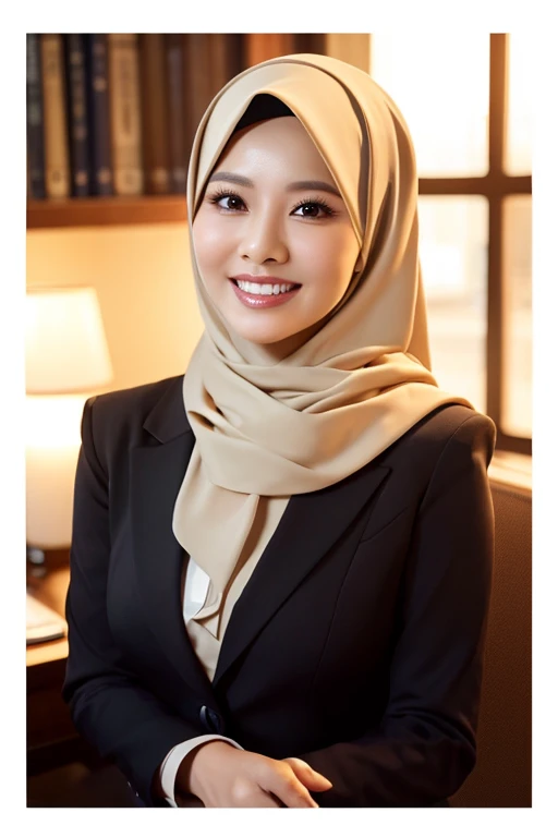 a beautiful 42 year old busty indonesian woman, formal hijab suit with blazer, beautiful smile showing teeth, boss, full body portrait,(best quality,4k,8k,highres,masterpiece:1.2),ultra-detailed,(realistic,photorealistic,photo-realistic:1.37),hyper detailed face,extremely detailed eyes and face,detailed makeup,long eyelashes,beautiful detailed lips,elegant pose,confident expression,warm lighting,cinematic angle,office interior background,high quality,intricate details