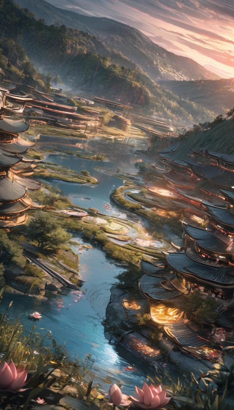 masterpiece, Best quality, Stunning details, Enjoy the future, Cyberpunk 2077 Wide Angle, 8K, Local blurring, lake, valley, Creek, Takayama, Weathered granite, hillside, Lakeside, Oval building (streamline, Lotus shape design, Transparent appearance, Metal frame, Glass facades, Fish scale decoration, huge), surrounded by forest, Decorated with lights, rain, 1 Girl,Pond in the evening，Sunset