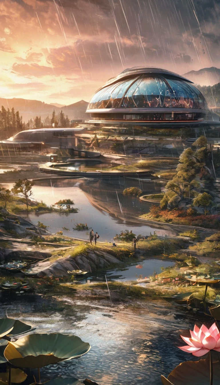 masterpiece, Best quality, Stunning details, Enjoy the future, Cyberpunk 2077 Wide Angle, 8K, Local blurring, lake, valley, Creek, Takayama, Weathered granite, hillside, Lakeside, Oval building (streamline, Lotus shape design, Transparent appearance, Metal frame, Glass facades, Fish scale decoration, huge), surrounded by forest, Decorated with lights, rain, 1 Girl,Pond in the evening,Sunset