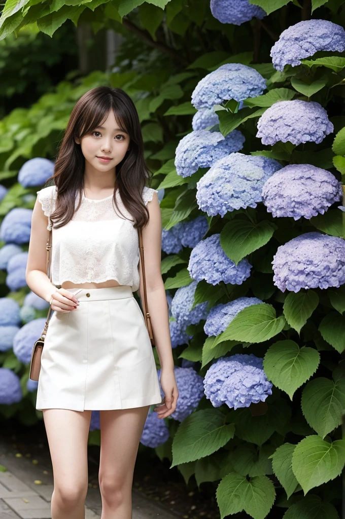 A 21-year-old girl wearing a miniskirt、In the hydrangea park。