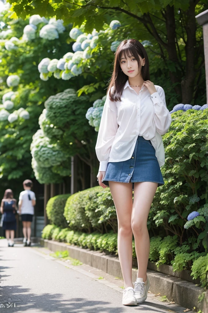 A 21-year-old girl wearing a miniskirt、In the hydrangea park。