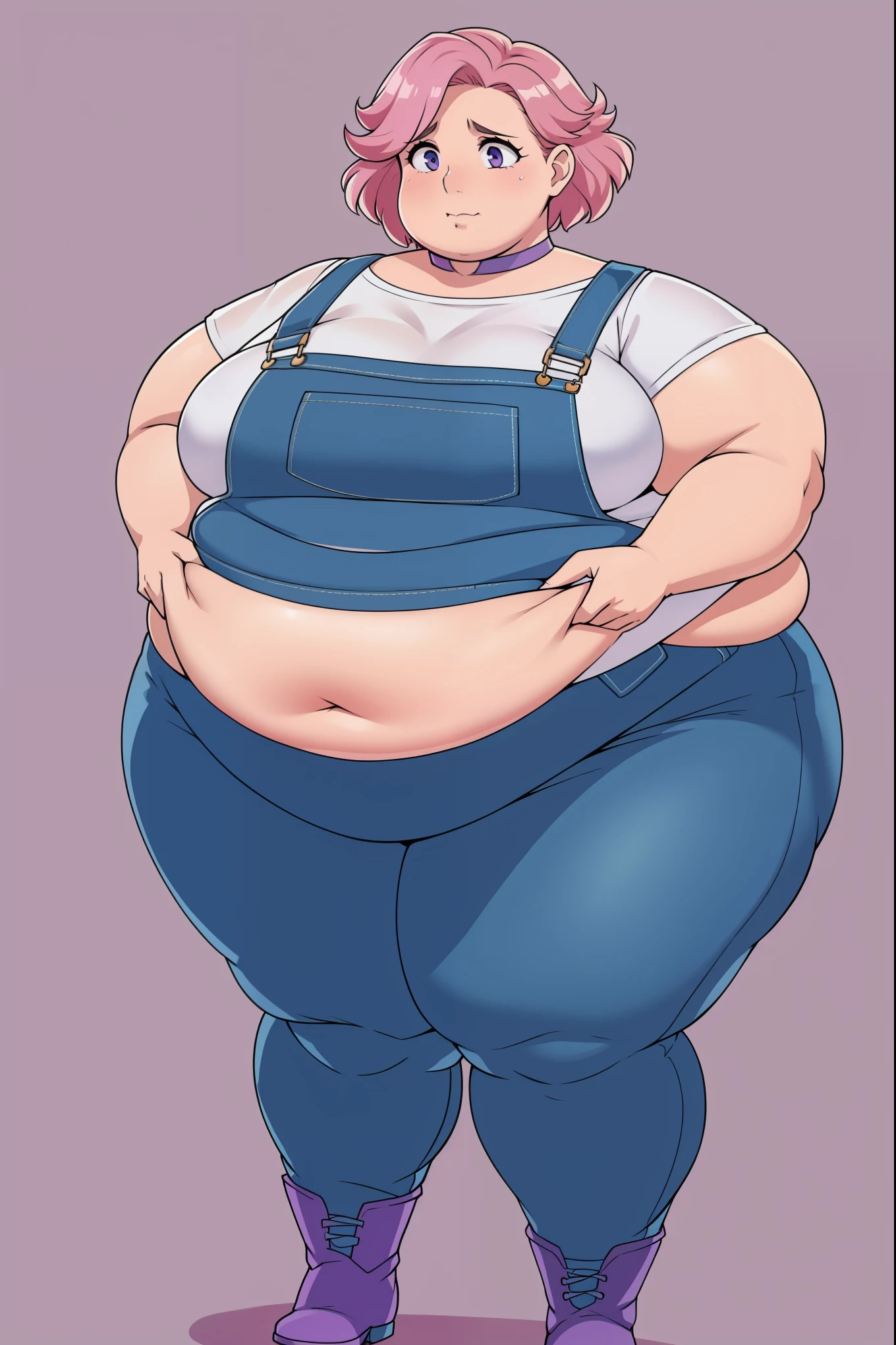 (Pale skin:1.0)Up close, Holding belly, hands on belly, outgrown clothes, (Sad:1.1), (Sad face:1.1)Pale skin,fat, sad, farm backround, upper body, looking at viewer, 1girl, solo, short pink hair, (dark blue choker), (dark blue denim overalls), (purple eyes), (pink boots), (white shoulder lantern sleeve blouse, tucked in pants, Round face, double chin, fat chin, fat cheeks, fat neck, round face, SSBBW, flabby arms, round face, double chin, fat double chin, big double chin, fat neck, chubby cheeks, fat thighs, fat calves, morbidly obese, flabby , giant , large belly, obese, fat face, belly, double chin, obesity, flabby breasts, fat arms and legs, fat everything,