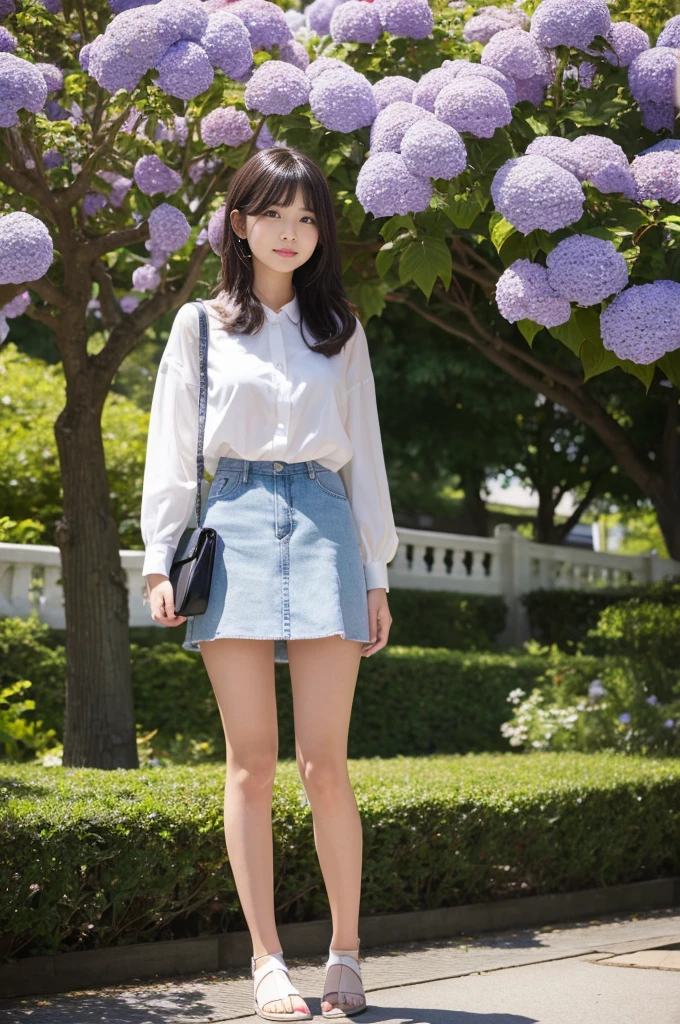 A 21-year-old girl wearing a miniskirt、In the hydrangea park。