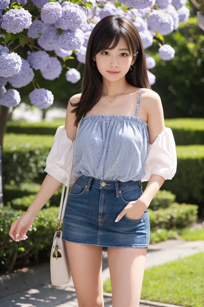 A beautiful and cute girl, full body photo, extremely beautiful and delicate, black hair, sweet smile, delicate beautiful fair skin, realistic and realistic, delicate and complete facial features, red lips, detailed facial portrayal, high nose bridge, flowing silky hair, extremely delicate hair, feminine temperament, face light, tall, thin, real, surreal, full-body lens, body leaning forward, ultimate picture quality, highest precision, accurate and perfect human body structure. Blue sky and white clouds, sitting on the grassland, blue sky and white clouds, sunlight, (sleeveless bust, floral plaid miniskirt) panties are clearly visible