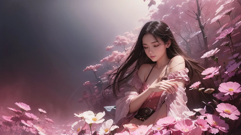 32k, Masterpiece, Highest quality, One girl, Detailed eyes, flower,Sandersonia, Pink and brown style,A dreamy, romantic piece,Pale pink, Mysterious Leaves,A playful arrangement,Fantasy,High Contrast,Ink strokes,explosion,Exposure, Impression of pink and brown tones,Abstract,((Watercolours by John Berkey and Jeremy Mann )) Brush strokes,Negative Space, Tyndall effect,