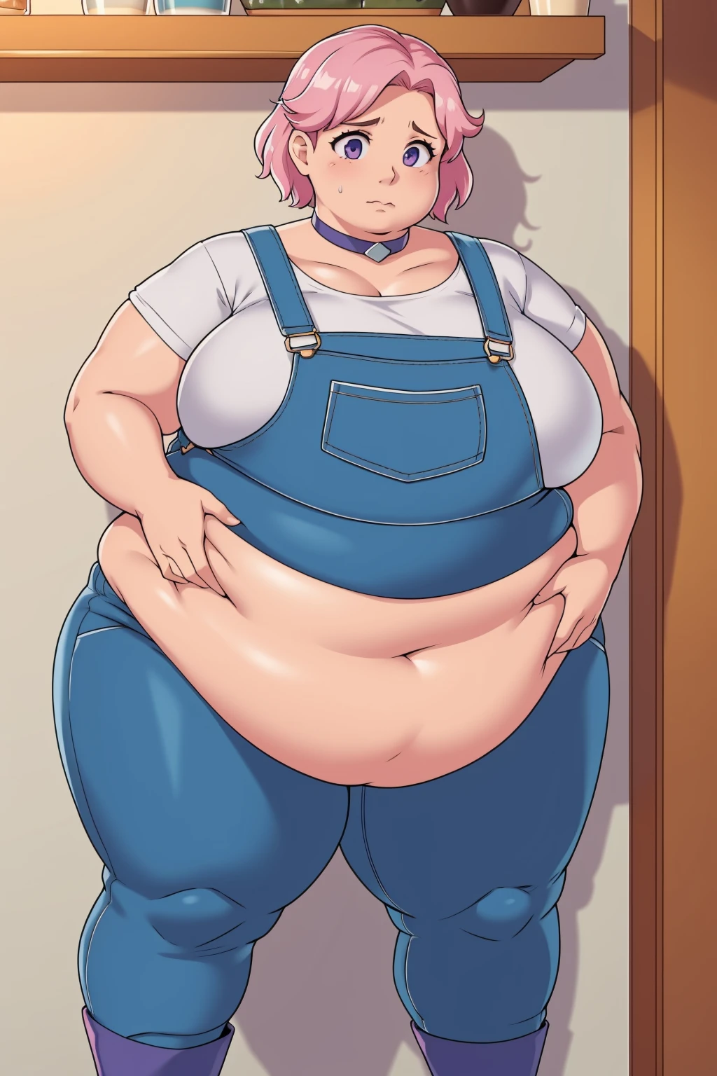 (Pale skin:1.0)Up close, Holding belly, hands on belly, outgrown clothes, (Sad:1.1), (Sad face:1.1)Pale skin,fat, sad, farm backround, upper body, looking at viewer, 1girl, solo, short pink hair, (dark blue choker), (dark blue denim overalls), (purple eyes), (pink boots), (white shoulder lantern sleeve blouse, tucked in pants, Round face, double chin, fat chin, fat cheeks, fat neck, round face, SSBBW, flabby arms, round face, double chin, fat double chin, big double chin, fat neck, chubby cheeks, fat thighs, fat calves, morbidly obese, flabby , giant , large belly, obese, fat face, belly, double chin, obesity, flabby breasts, fat arms and legs, fat everything,