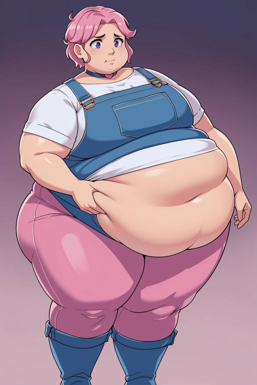 (Pale skin:1.0)Up close, Holding belly, hands on belly, outgrown clothes, (Sad:1.1), (Sad face:1.1)Pale skin,fat, sad, farm backround, upper body, looking at viewer, 1girl, solo, short pink hair, (dark blue choker), (dark blue denim overalls), (purple eyes), (pink boots), (white shoulder lantern sleeve blouse, tucked in pants, Round face, double chin, fat chin, fat cheeks, fat neck, round face, SSBBW, flabby arms, round face, double chin, fat double chin, big double chin, fat neck, chubby cheeks, fat thighs, fat calves, morbidly obese, flabby , giant , large belly, obese, fat face, belly, double chin, obesity, flabby breasts, fat arms and legs, fat everything,