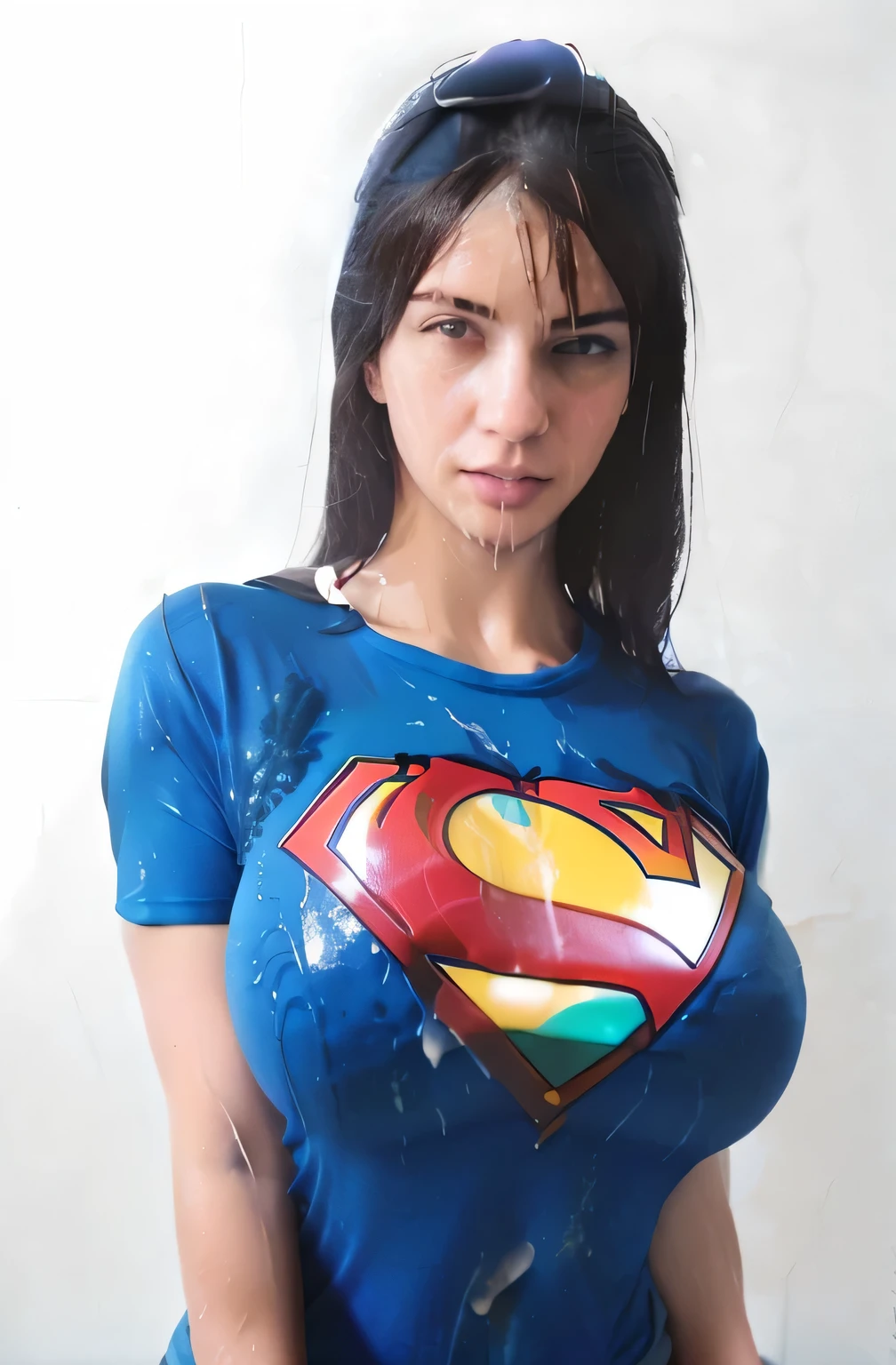 ((blue superman Wet tshirt)) Biggest boobs in the world, Sexualy Emerging from vat full of spit, Spitting on chest , Wet denim jeans, Spit drool saliva covered on color shiny cotton tshirt, Skintight polo tshirt Giant Huge massive , Submerged in spit bath wearing logo t-shirt, Sprayed with clear spit, Tight oily logo tshirt, , Splosh, wetlook, gunge, bathing in clear lube, sexy Busty nerd, clear lube covered casual clothes, huge , massive breasts, real woman, highly detailed, Big , tight slimy slime t shirt, blue Superman tight t-shirt covered slime, high detail