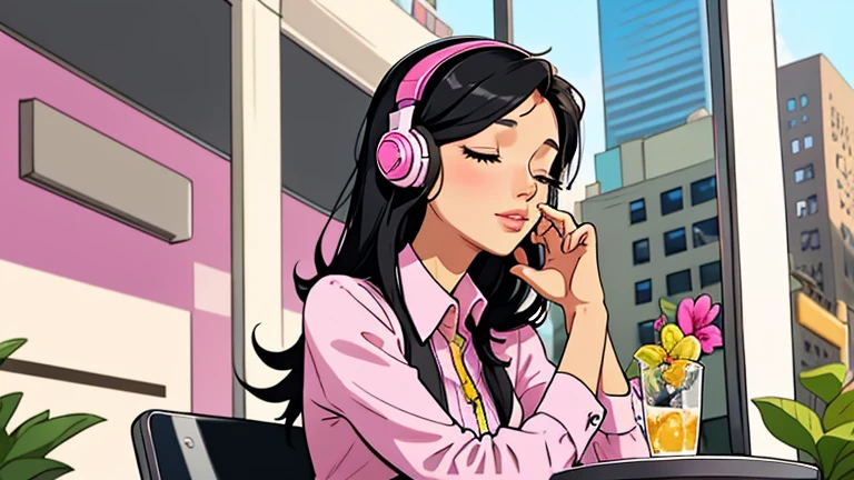 Beautiful woman in her 30s with black hair is sitting with headphones on the cafe terrace. Looking down, eyes closed, LOFI girl, alone in the room, pink blouse, relaxing mood, cozy, only five fingers, new york, colorful, Well-proportioned face