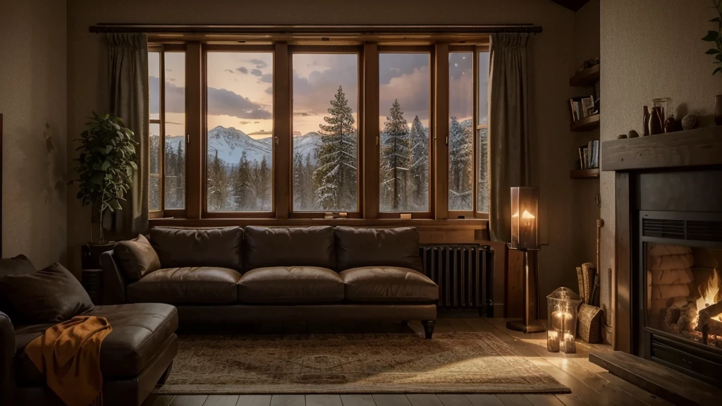 arafed living room with a fireplace and a large window, a matte painting by Anna Haifisch, unsplash contest winner, digital art, cozy atmospheric, cozy room, cozy wallpaper, cozy and peaceful atmosphere, cozy environment, cozy place, cozy and calm, cozy home background, cozy atmosphere, cosy atmoshpere, large windows to forest at night, cozy setting