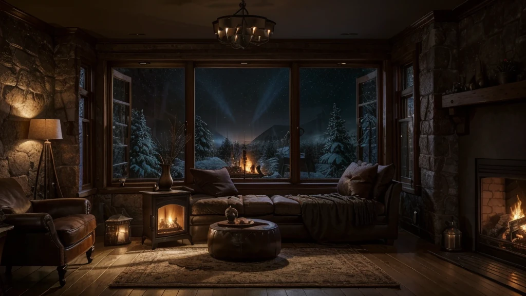 arafed living room with a fireplace and a large window, a matte painting by Anna Haifisch, unsplash contest winner, digital art, cozy atmospheric, cozy room, cozy wallpaper, cozy and peaceful atmosphere, cozy environment, cozy place, cozy and calm, cozy home background, cozy atmosphere, cosy atmoshpere, large windows to forest at night, cozy setting