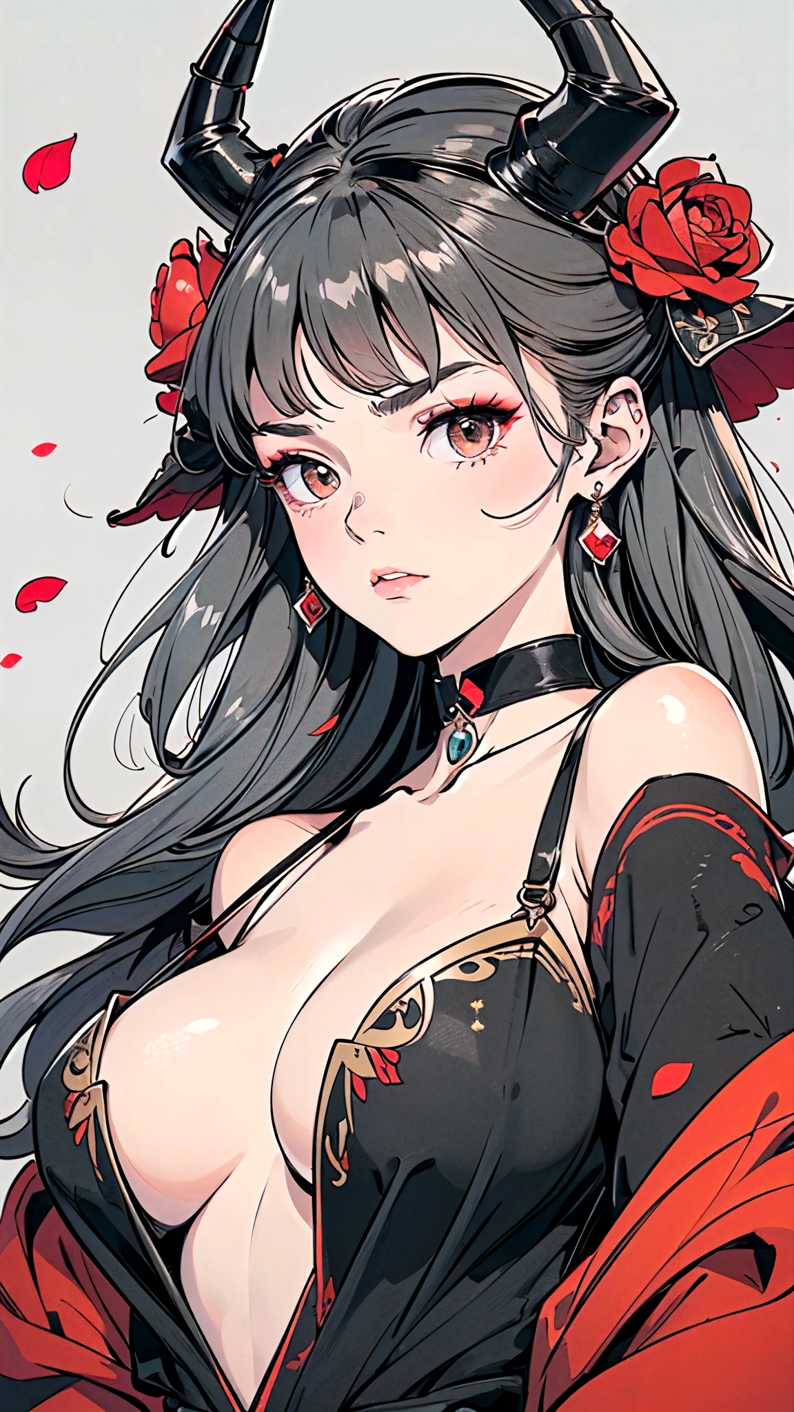Seven Rhaeyar (Deylta), Ancient Star goddess, Perfect female anatomy (Royalty, Adult Female, 166cm in height, Cool pale skin, slim, slender, 34D breast size, Long Jet Black Hair, Gray Colored Iris , a set of Jet black colored horns on her head), Neutral facial expression, Elegant black uniform dress, female choker accessory with silver complimentary jewelry, dragon motifs, Black rope accessories, Simple Black Background, receiving light from the front, Slightly focusing on her face up close, Ethereal glow, Red Rose petals falling, Japanese inspired
