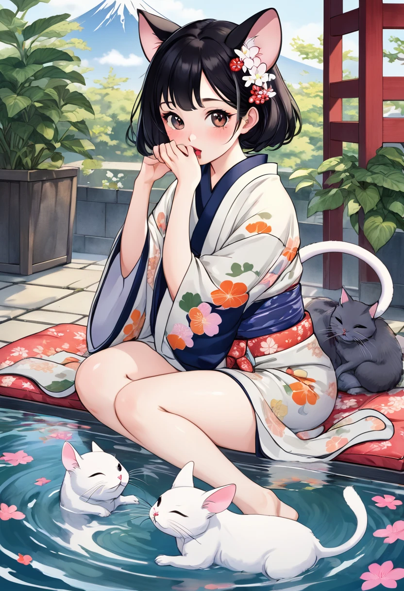 (utamaro style:1.2) , Hallucination, daydream , nightmare , Insane Dream , bokeh , erotica , romance , realistic mouse nymph and realistic cat , yukata , futon , Petals fluttering down , Single eyelids, round nose, swollen cheeks , glossy lips , Mount Fuji, Hawk, licking Eggplant , Collarbone , Disheveled Hair , Put your feet in the water , Scorching Heat summer