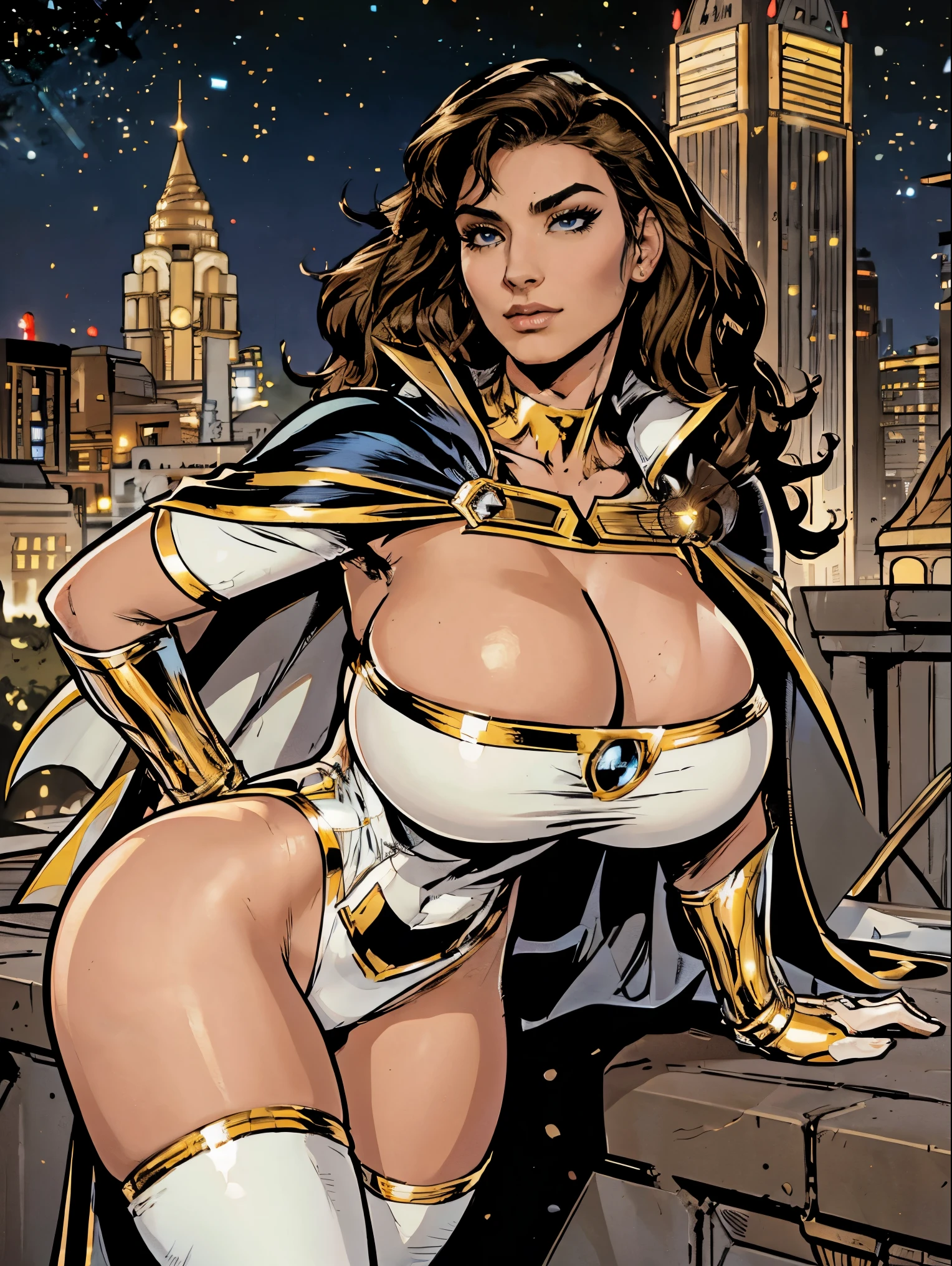 Gorgeous and sultry busty athletic (thin) brunette with sharp facial features and a (large nose) and (huge boobs) wearing a white and gold superhero leotard, cape, gloves, thigh-high boots. City skyline, rooftops.