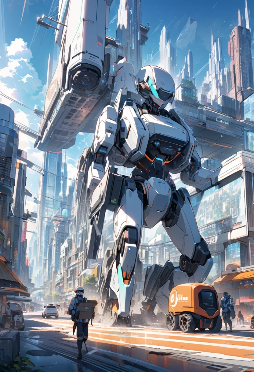 A futuristic city with robots cleaning the streets, delivering packages, and helping with construction.
