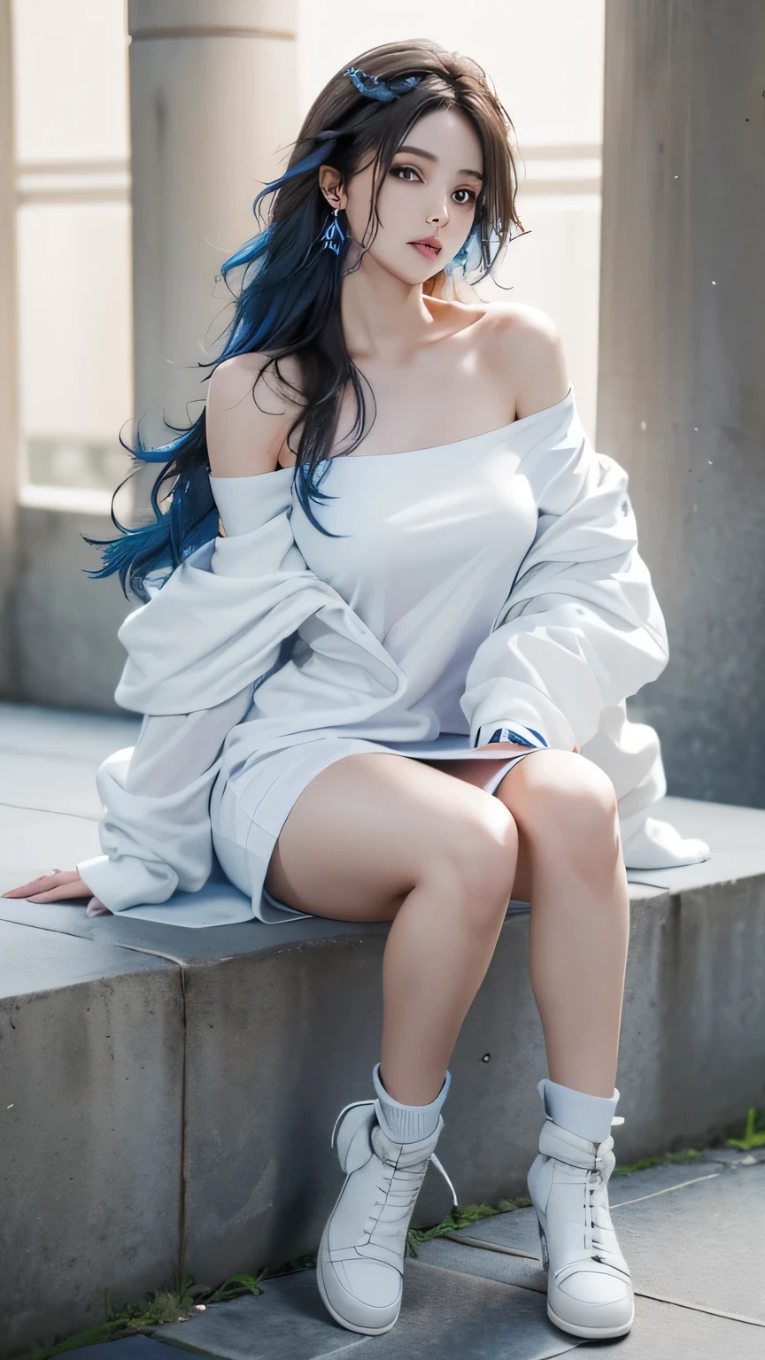 (the street:1 girl with blue hair,Get up,One word step+), tmasterpiece, Best quality, RAW photos, realistically, the face, Incredibly ridiculous Resourcetra long brown curly hair around the ears),eye shadows,techwear outfits,(White off-the-shoulder over-the-knee dress),White off-shoulder long dress,(White tight flats,depth of fields, A high resolution, ultra - detailed, filigrees, RAWE is very detailed, The details of the eyes and face are very rich, Sharp pupils, realistic student, lock focus, movie lighting,Full body lesbian,The large,The legs look very long from the front,dynamicposes,Normal posture,closeup of face
