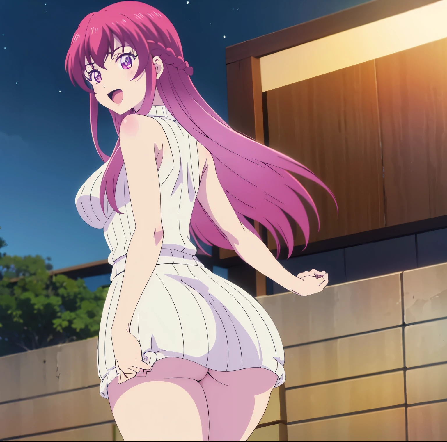 1girl,alone,ouka makuzawa,masterpiece,good lighting,looking at the viewer,best quality,high resolution,Ultra detailed,detailed eyes,smooth and soft skin,light skin,long hair,magenta hair,braid,purple eyes,dress sweater, beige sweater dress, ribbed sweater, killer virgin sweater, high neck, sleeveless, big breasts, medium waist, wide hips, medium thighs, curvy body, dynamic pose, cowboy shot, smile, open mouth, ((1girl) ),(solo),standing,cowboy shot,looking back,from behind,((focus on ass)),pov(from below),outdoor,standing,night,street,japanese street,anatomy perfect, perfect hands