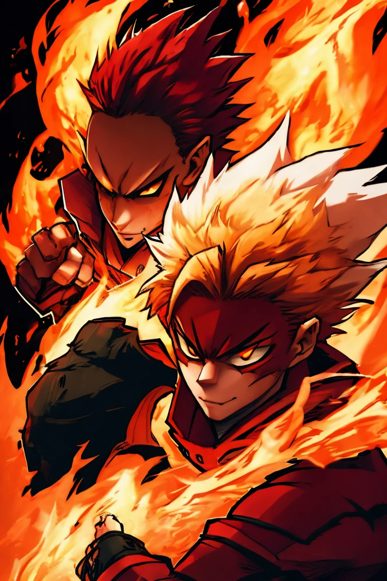 A young man with strong red hair, spiky hair, Look of Fury, kitsune mouth mask, fury fox, blood red fire.