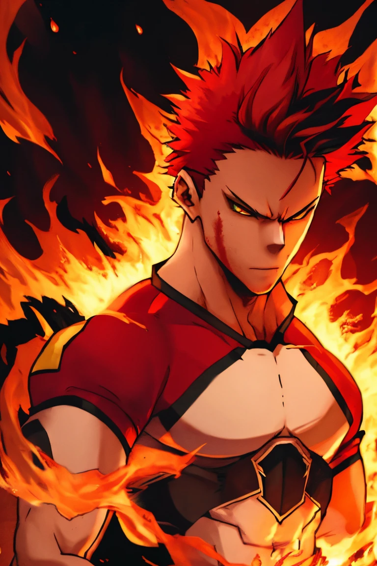 A young man with strong red hair, spiky hair, Look of Fury, kitsune mouth mask, fury fox, blood red fire.